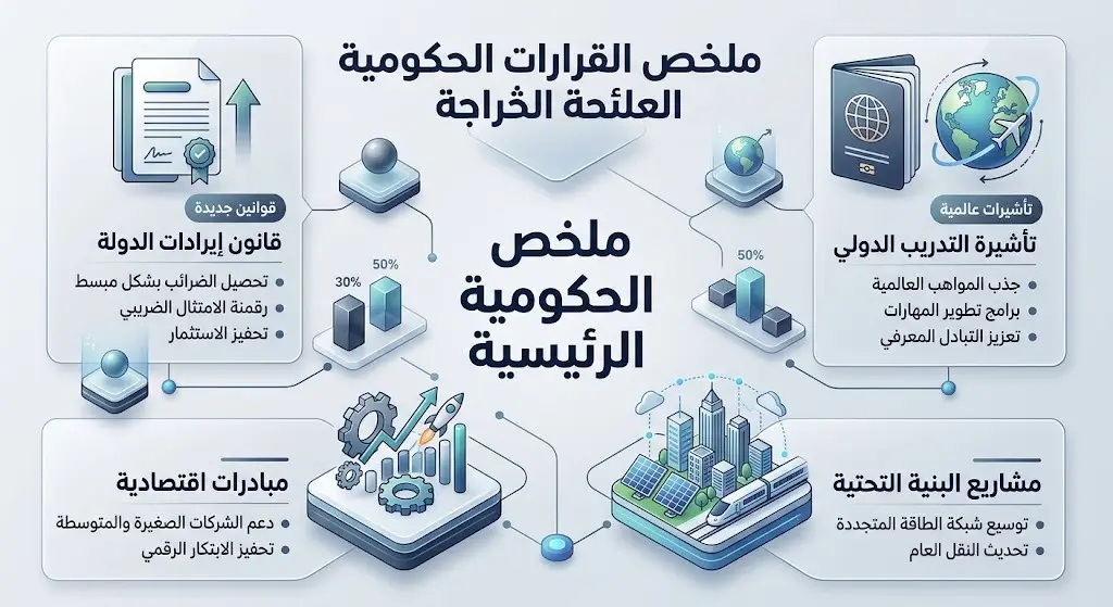 إنفوجرافيك احترافي يلخص أبرز قرارات مجلس الوزراء، شاملة نظام إيرادات الدولة وتأشيرة التدريب الدولية ومذكرات التفاهم.