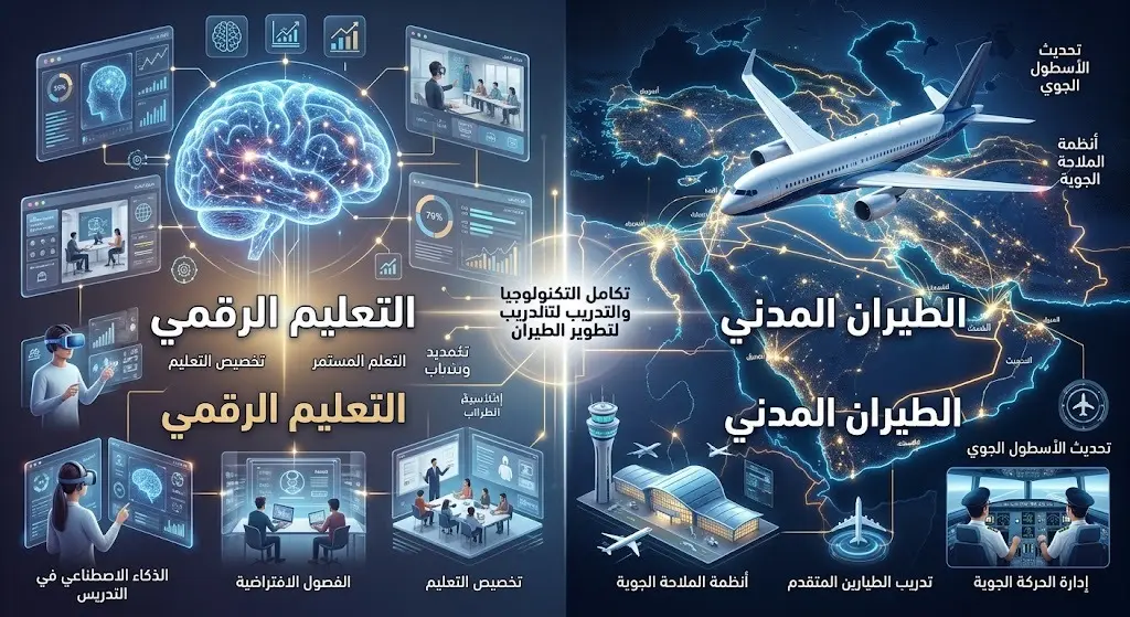 تصميم بصري مبتكر يجمع بين رموز التعليم الرقمي والطيران المدني، يعكس قرارات مجلس الوزراء السعودي بشأن تطوير القطاعين.