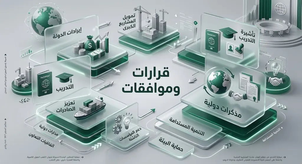 إنفوجرافيك احترافي يبرز قرارات مجلس الوزراء السعودي والموافقات الرسمية والاتفاقيات الدولية