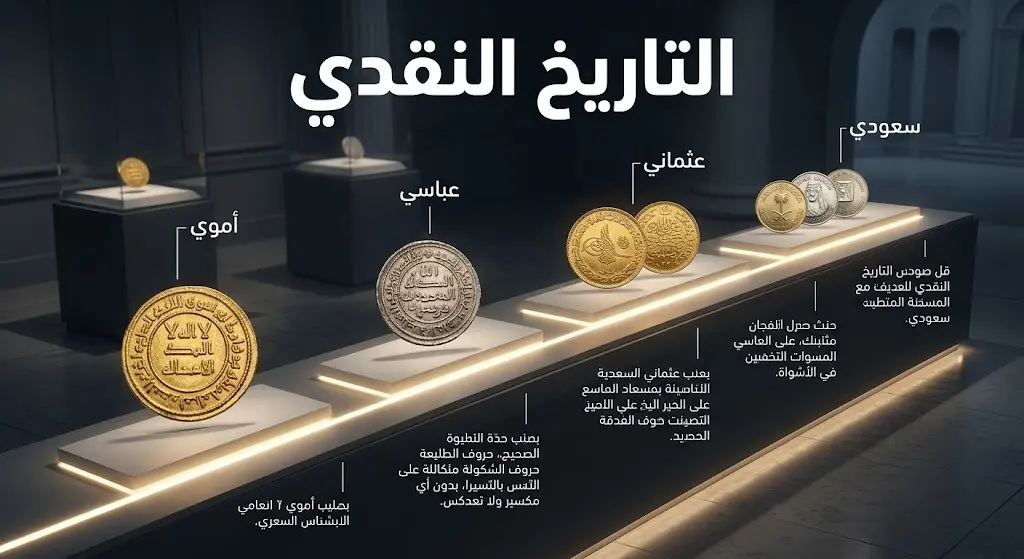 إنفوجرافيك وتصميم فني يستعرض تنوع العملات التاريخية من أموية وعباسية وعثمانية وسعودية في متحف للماضي أثر.