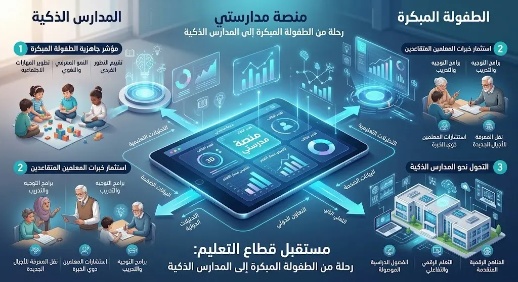 إنفوجرافيك عصري يستعرض قرارات الشورى لدعم قطاع التعليم والطفولة المبكرة والتحول نحو المدارس الذكية