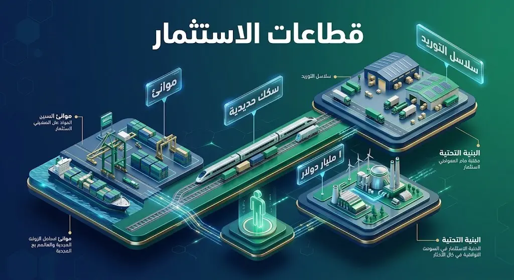 إنفوجرافيك ثلاثي الأبعاد يبرز قطاعات الاستثمار السعودية المستهدفة في بنغلادش، متضمناً الموانئ والسكك الحديدية بحجم استثمارات مستهدف يصل إلى مليار دولار، مع نصوص عربية توضيحية.