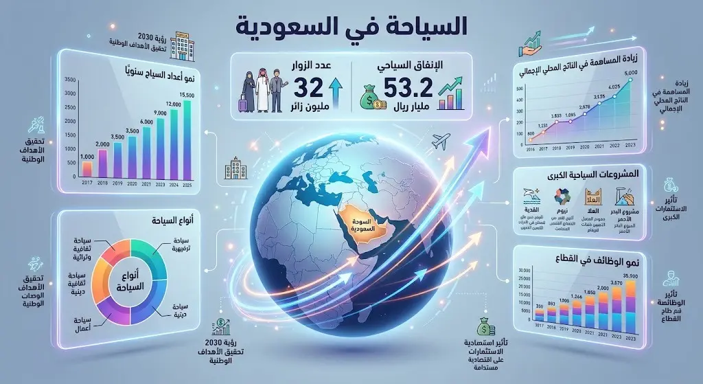تصميم إنفوجرافيك عصري يوضح بالأرقام والأسهم التصاعدية القفزات الهائلة في قطاع السياحة السعودي ومؤشرات الإنفاق وزيادة أعداد الزوار.