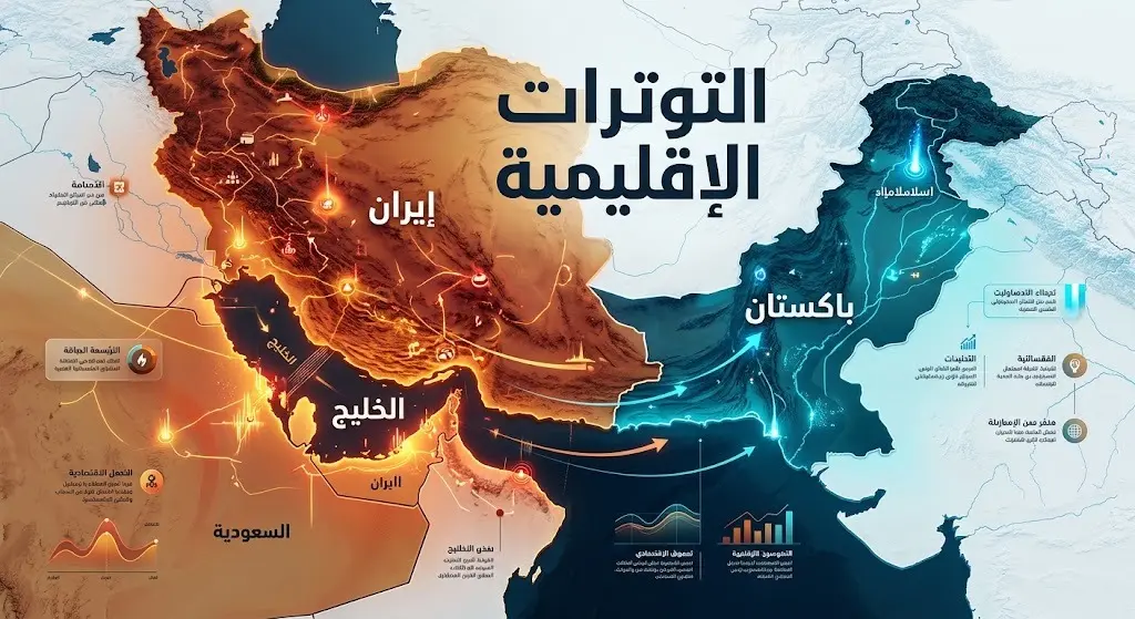 خريطة تعبيرية توضح موقع باكستان الجغرافي ومراقبتها لبؤر التوتر الإقليمي في منطقة الخليج وإيران.