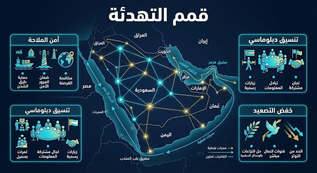إنفوجرافيك إخباري احترافي يوضح مسارات الملاحة البحرية ونقاط التنسيق الدبلوماسي لخفض التصعيد في المنطقة.