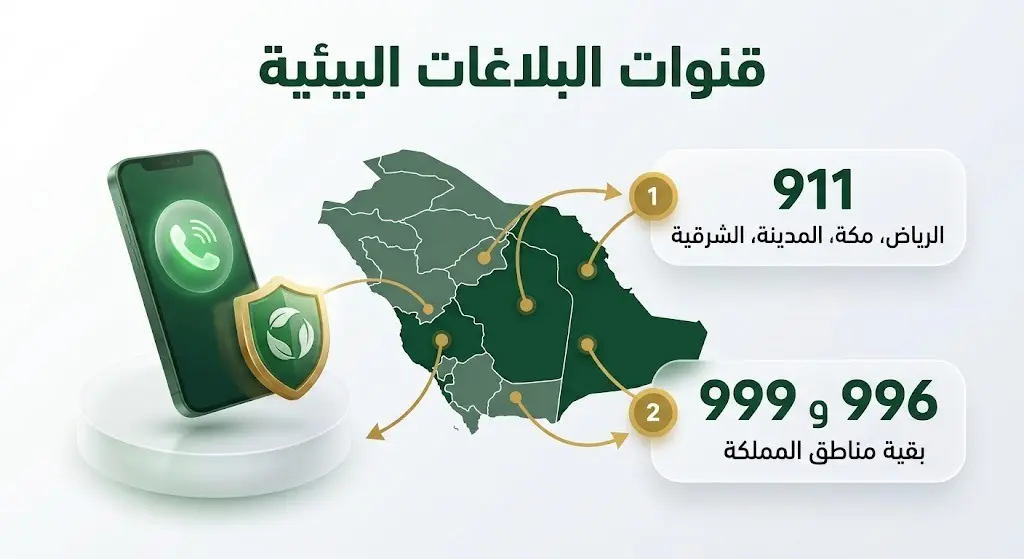 إنفوجرافيك يوضح قنوات استقبال البلاغات البيئية في مناطق المملكة العربية السعودية مع الأرقام المخصصة لكل نطاق جغرافي.