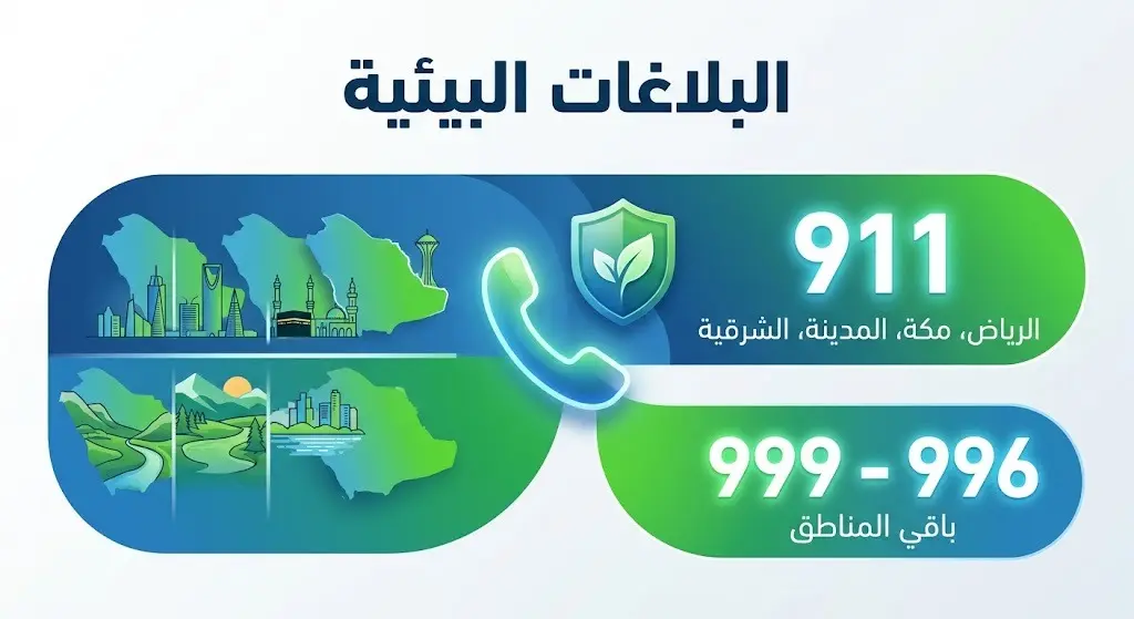 تصميم استرشادي يعرض أرقام التواصل للإبلاغ عن المخالفات البيئية وتوزيعها الجغرافي حسب مناطق المملكة.