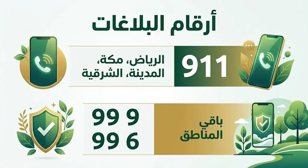 تصميم معلوماتي يوضح أرقام التواصل للإبلاغ عن المخالفات البيئية في مختلف مناطق المملكة، متضمناً الرقم 911 لمناطق محددة والأرقام 999 و 996 لبقية المناطق.
