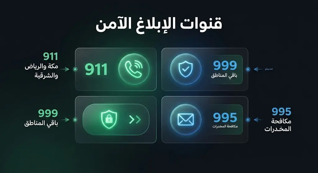 إنفوجرافيك أمني يوضح أرقام وقنوات الإبلاغ الآمن عن نشاطات ترويج وتهريب المخدرات في المملكة العربية السعودية، متضمناً الأرقام 911 و999 و995.
