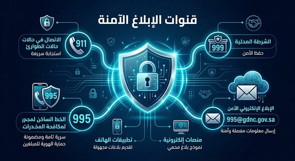 إنفوجرافيك أمني احترافي يعرض قنوات وأرقام الإبلاغ السري عن ترويج المخدرات، متضمناً الأرقام 911، 999، 995، والبريد الإلكتروني لمديرية مكافحة المخدرات بتصميم عصري واضح.