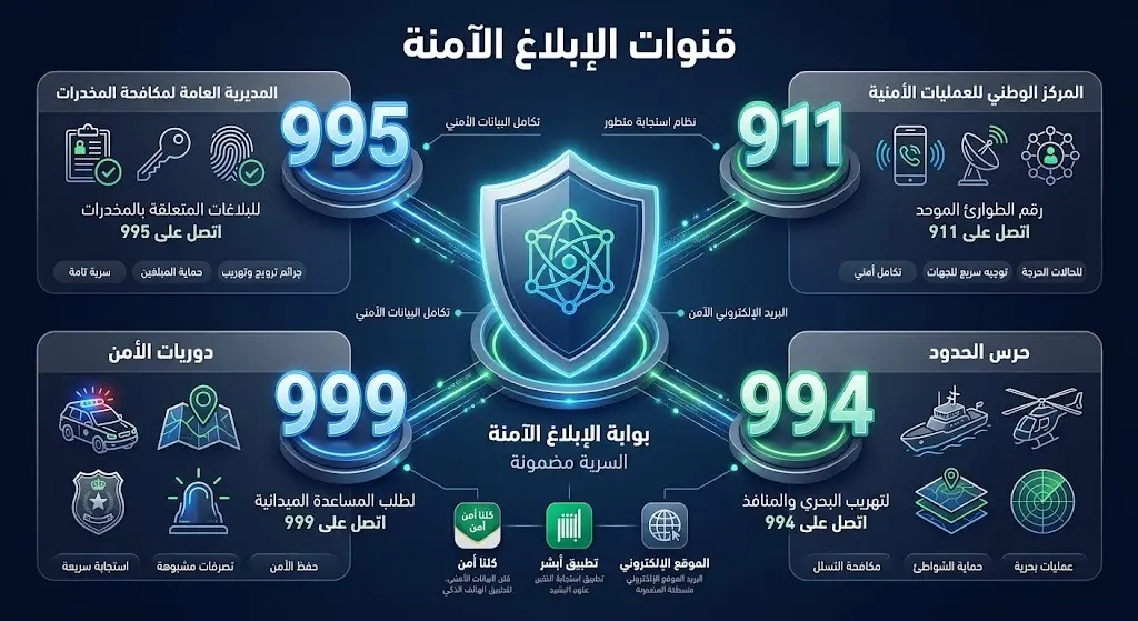 إنفوجرافيك أمني احترافي يوضح أرقام الإبلاغ السري عن المخدرات في السعودية، متضمناً الأرقام 911 و995 و999.