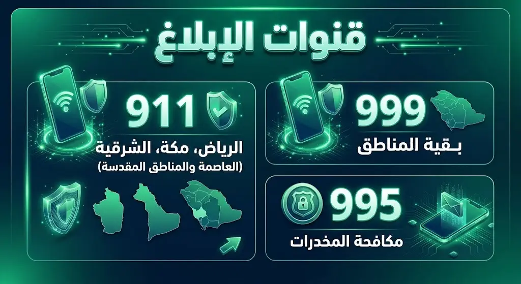 بطاقة معلوماتية تستعرض أرقام وقنوات الإبلاغ الآمنة للتواصل مع الجهات الأمنية ومكافحة المخدرات بمختلف مناطق المملكة.