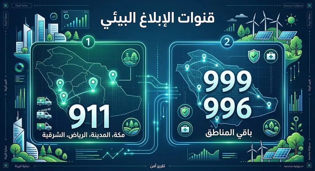 إنفوجرافيك يستعرض أرقام تلقي البلاغات البيئية جغرافياً: 911 لمناطق مكة والمدينة والرياض والشرقية، و999 و996 لبقية المناطق.