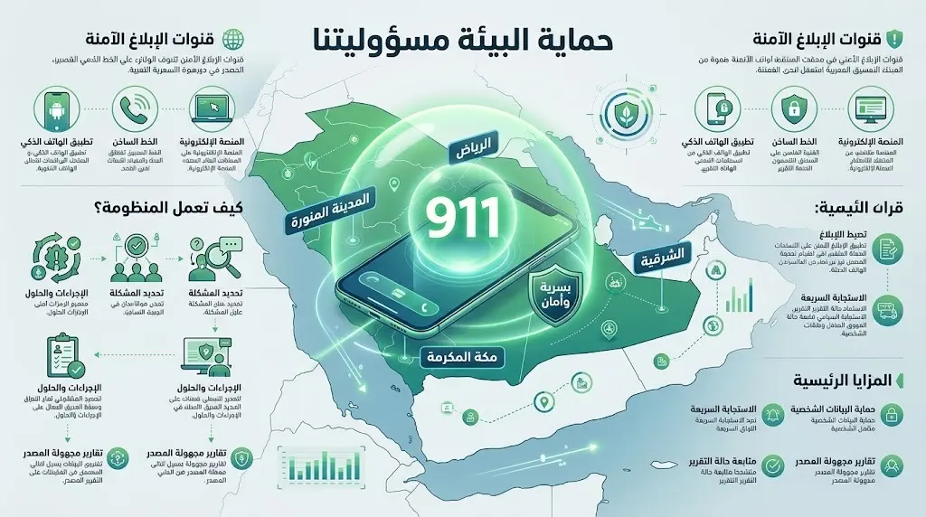 تصميم بصري مبتكر يعرض قنوات الإبلاغ الآمنة عن التجاوزات البيئية ويبرز الرقم 911 والمناطق المشمولة.