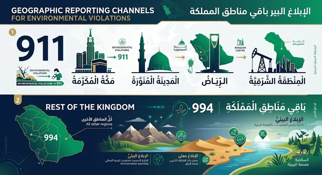 إنفوجرافيك يوضح أرقام وتوزيع قنوات الإبلاغ عن المخالفات البيئية جغرافياً في السعودية