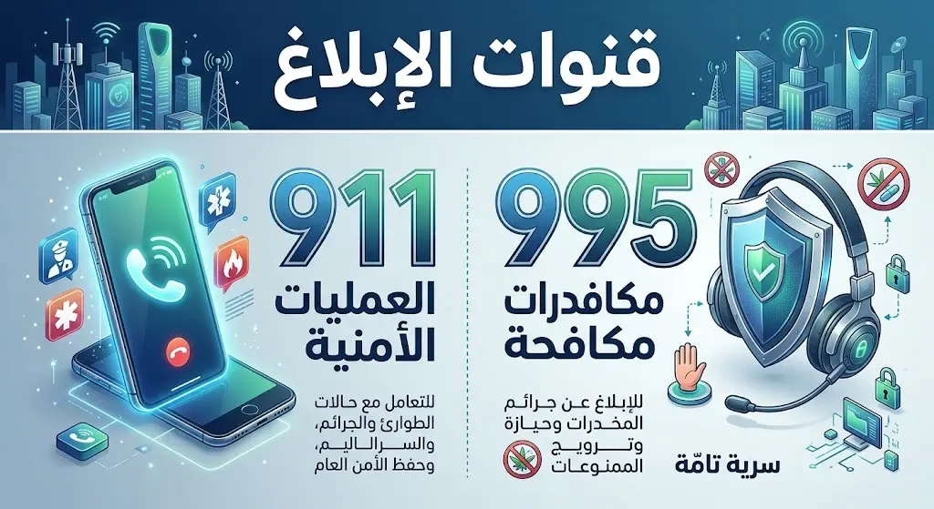 إنفوجرافيك يستعرض أرقام الطوارئ وقنوات الإبلاغ الرسمية مثل 911 و995 للتواصل مع الجهات الأمنية بسرية تامة.