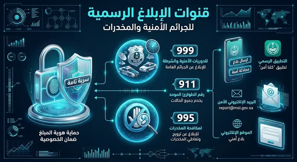 تصميم مرئي يعرض أرقام التواصل وقنوات الإبلاغ الرسمية للجهات الأمنية في السعودية مع التأكيد على السرية التامة.