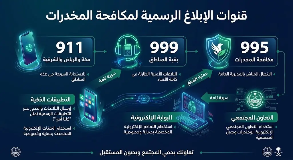 إنفوجرافيك بتصميم حديث يوضح أرقام قنوات الإبلاغ الرسمية لمكافحة المخدرات في السعودية والتي تشمل 911 و 999 و 995 مع توزيعها الجغرافي.