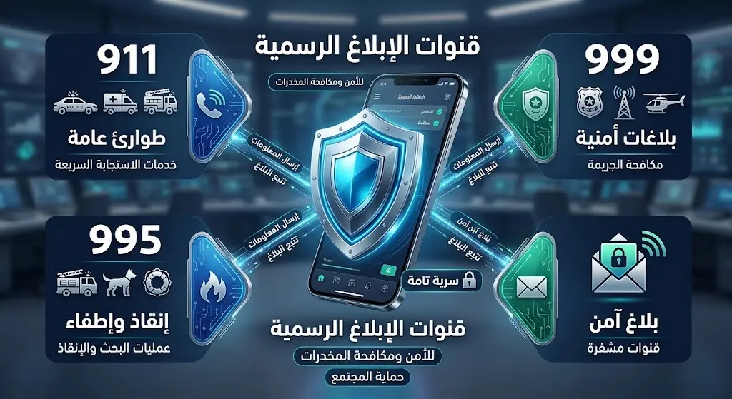 إنفوجرافيك أمني يستعرض أرقام وقنوات الإبلاغ الرسمية مثل 911 و999 و995 للتواصل مع الجهات الأمنية ومكافحة المخدرات في المملكة العربية السعودية.