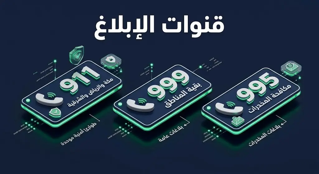 إنفوجرافيك أمني احترافي يوضح أرقام الإبلاغ الرسمية للجهات الأمنية ومكافحة المخدرات في مختلف مناطق المملكة العربية السعودية.