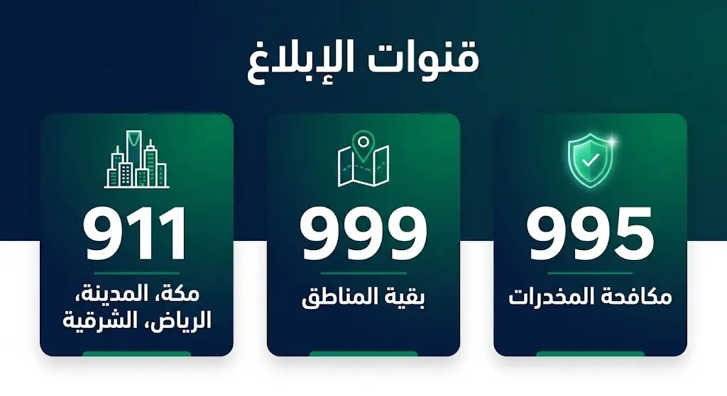 إنفوجرافيك يوضح أرقام وقنوات الإبلاغ الرسمية عن مروجي المخدرات في المملكة العربية السعودية موزعة جغرافياً.