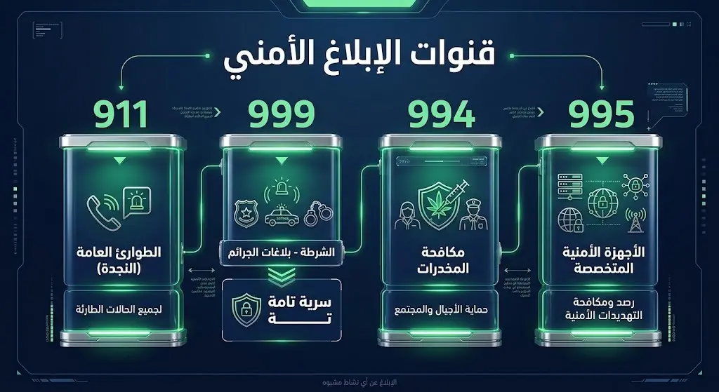 تصميم بصري يستعرض أرقام وقنوات الإبلاغ الرسمية للجهات الأمنية ومكافحة المخدرات مع التأكيد على السرية.