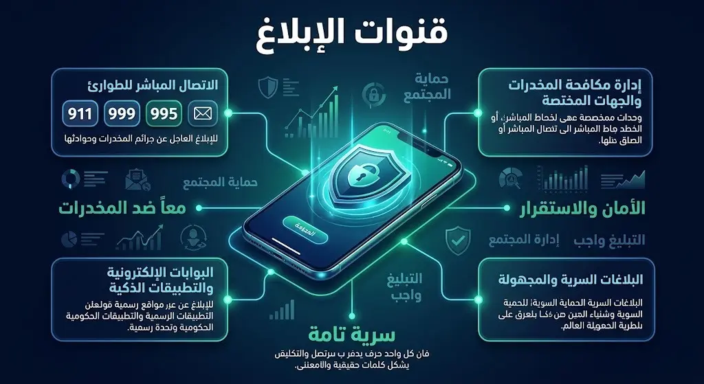 إنفوجرافيك أمني يوضح أرقام قنوات الإبلاغ الرسمية لمكافحة المخدرات في مناطق المملكة مثل 911 و 995 مع التأكيد على سرية البلاغات.