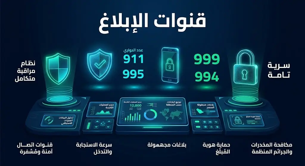 إنفوجرافيك أمني رقمي يستعرض أرقام قنوات الإبلاغ عن المخدرات في السعودية مع رموز تعبيرية للسرية والأمان
