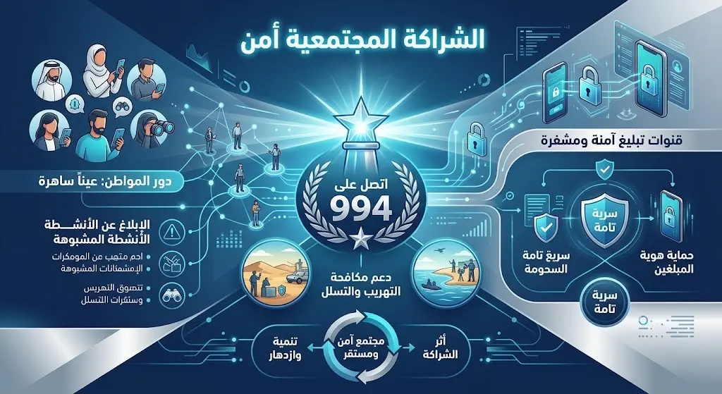 تصميم فني يبرز رقم بلاغات حرس الحدود 994 وقنوات التواصل الآمنة، معبراً عن أهمية الشراكة المجتمعية في الحفاظ على الأمن ومكافحة التهريب.