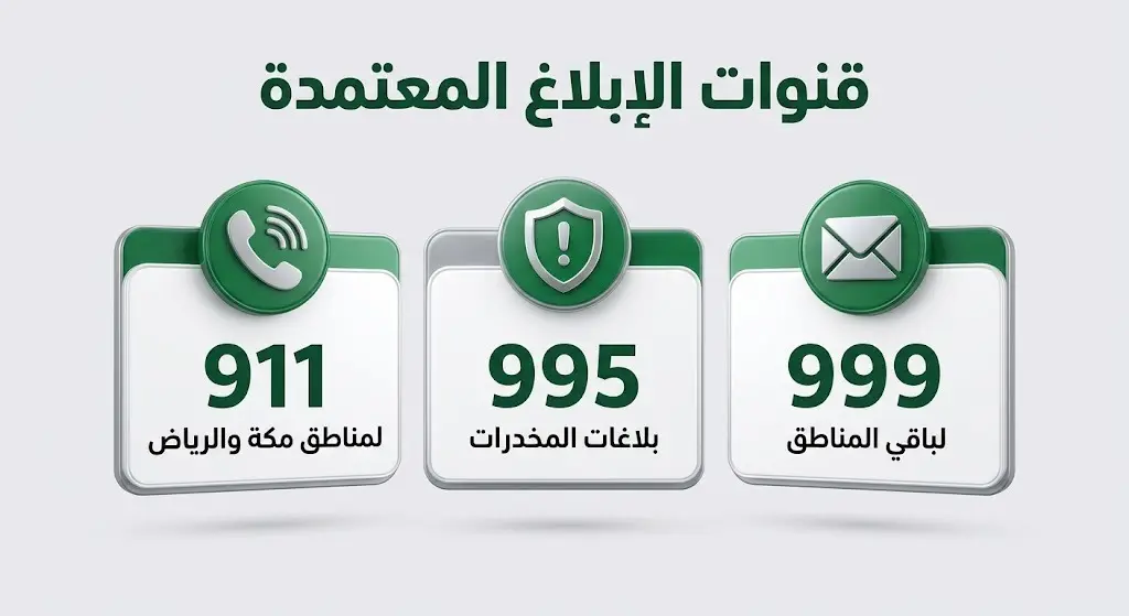 تصميم معلوماتي يعرض أرقام الطوارئ وقنوات الإبلاغ الرسمية والآمنة لمكافحة المخدرات في المملكة مثل 911 و 995