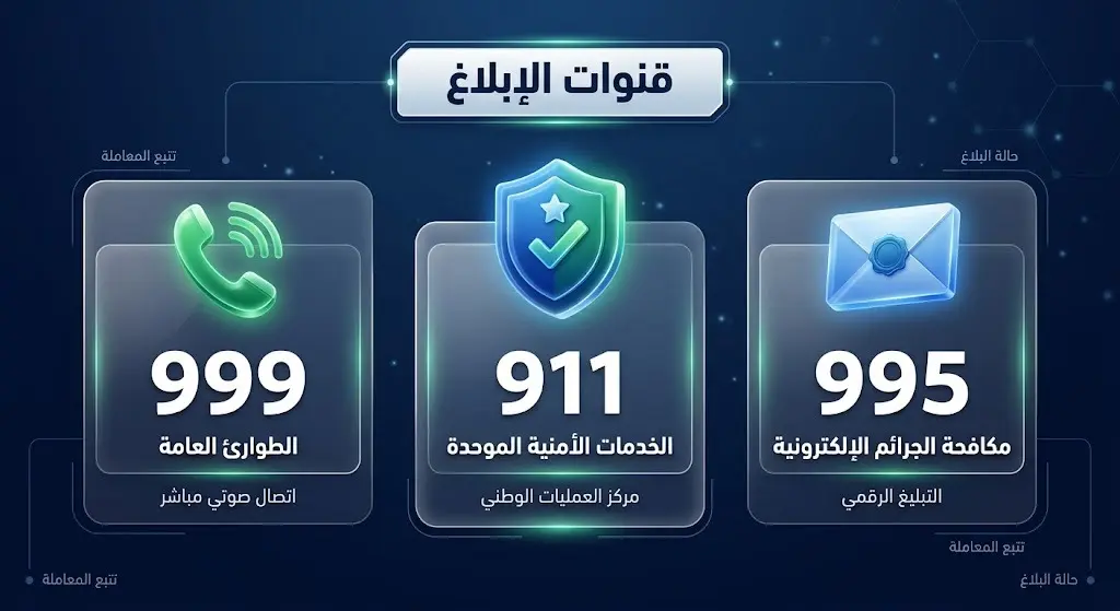 تصميم بياني يوضح أرقام قنوات الإبلاغ المعتمدة للجهات الأمنية في السعودية مثل 911 و995 و999.