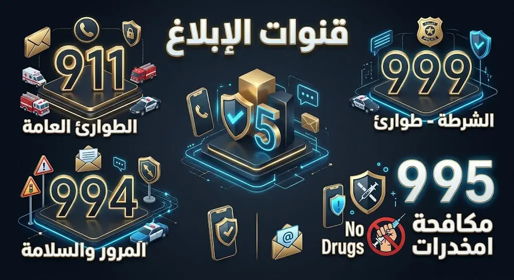إنفوجرافيك بتصميم عصري يستعرض أرقام وقنوات الإبلاغ الرسمية عن الأنشطة المخالفة ومكافحة المخدرات في السعودية.