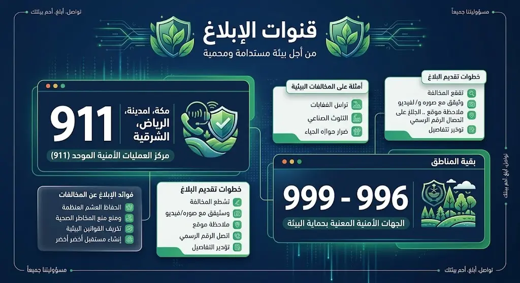 إنفوجرافيك إرشادي يوضح قنوات وأرقام الإبلاغ عن الاعتداءات البيئية في مناطق المملكة العربية السعودية، متضمناً الرقم 911 لمناطق محددة والأرقام 999 و 996 لبقية المناطق، مع رموز بصرية تعبر عن حماية البيئة والأمن.