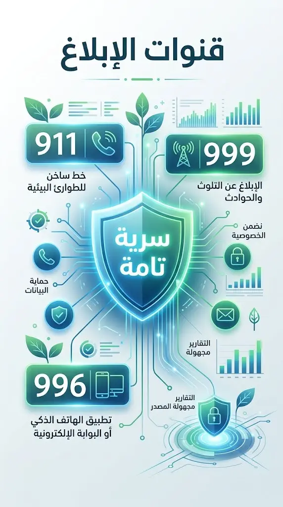 بطاقة معلومات بصرية تعرض أرقام الإبلاغ عن المخالفات البيئية مع رمز درع يعبر عن السرية التامة للمُبلّغ.