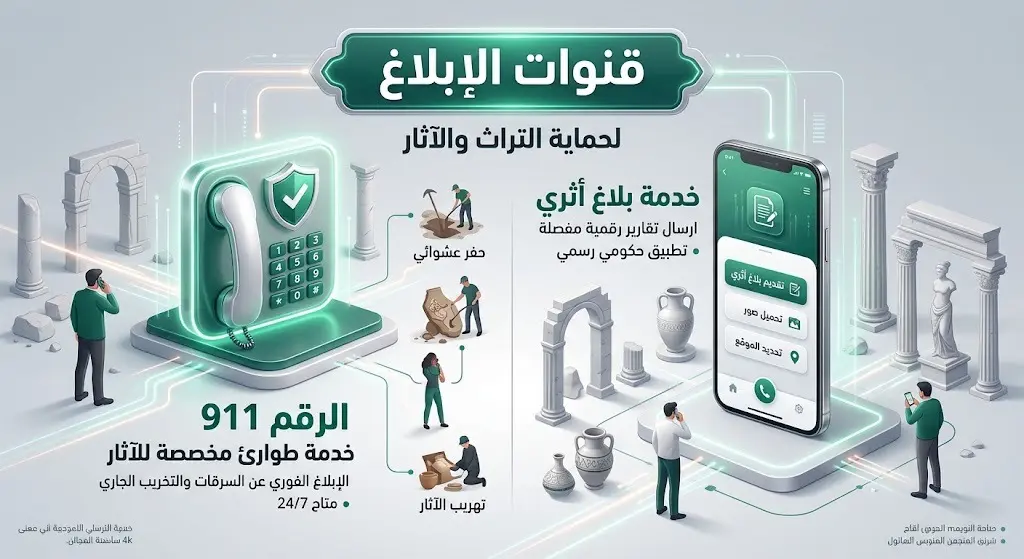 تصميم بصري يستعرض قنوات الإبلاغ الرسمية عن التجاوزات الأثرية وهي الرقم 911 وخدمة بلاغ أثري.