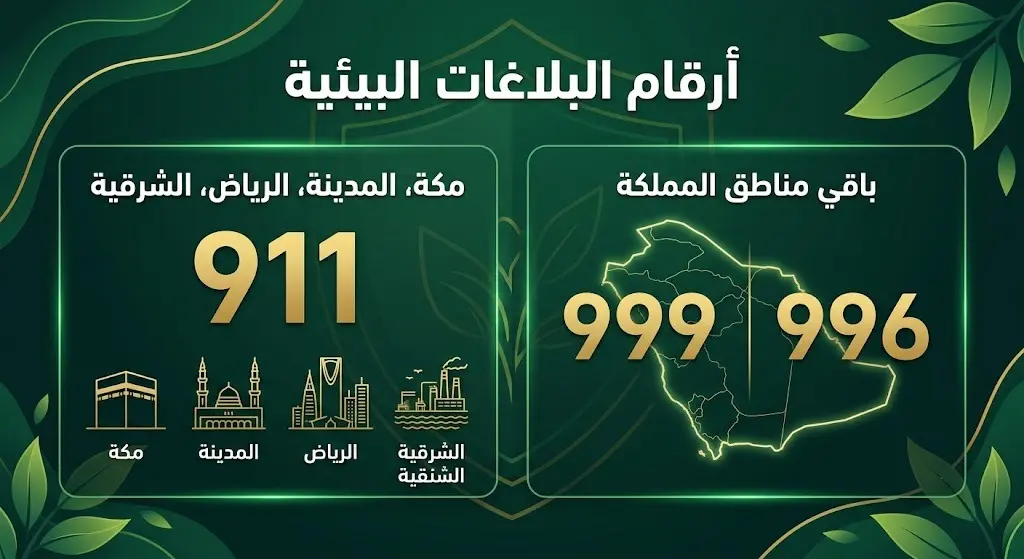 إنفوجرافيك يوضح أرقام الطوارئ 911 و 999 و 996 المخصصة للإبلاغ عن التجاوزات البيئية في مناطق المملكة