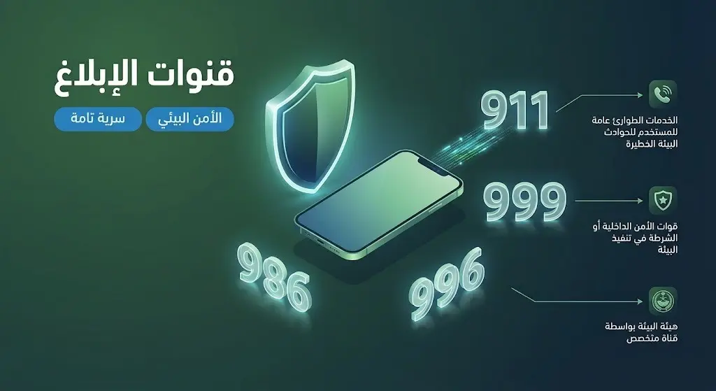 إنفوجرافيك عصري يوضح أرقام الطوارئ 911 و999 و996 المخصصة للإبلاغ عن أي تعديات على البيئة في السعودية.