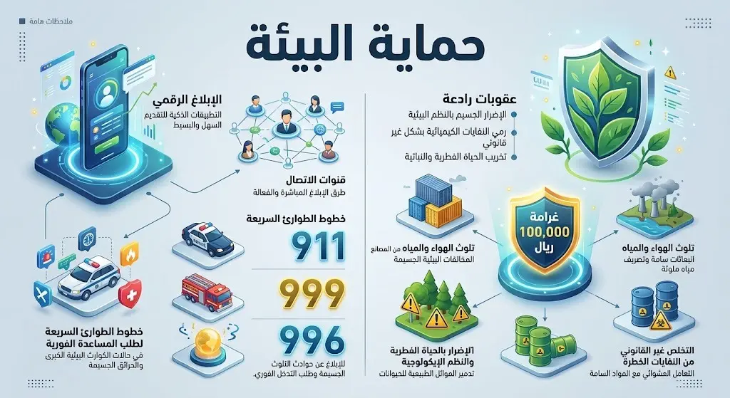إنفوجرافيك يستعرض أرقام الطوارئ للإبلاغ عن التعديات البيئية 911 و999 و996، مع إبراز غرامة الـ 100 ألف ريال للمخالفين.