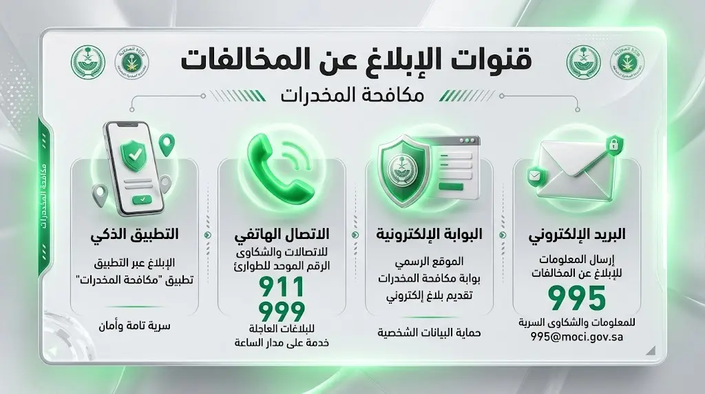 تصميم معلوماتي يستعرض الأرقام الرسمية للإبلاغ عن نشاطات ترويج المخدرات وتشمل 911 و999 و995.