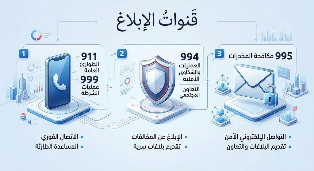 تصميم معلوماتي يعرض أرقام وقنوات الإبلاغ عن مهربي ومروجي المخدرات في مناطق المملكة المختلفة.