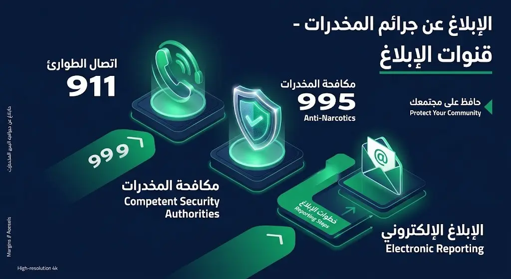 إنفوجرافيك عصري يوضح أرقام وقنوات الإبلاغ الرسمية عن المخالفات وقضايا المخدرات في المملكة العربية السعودية.