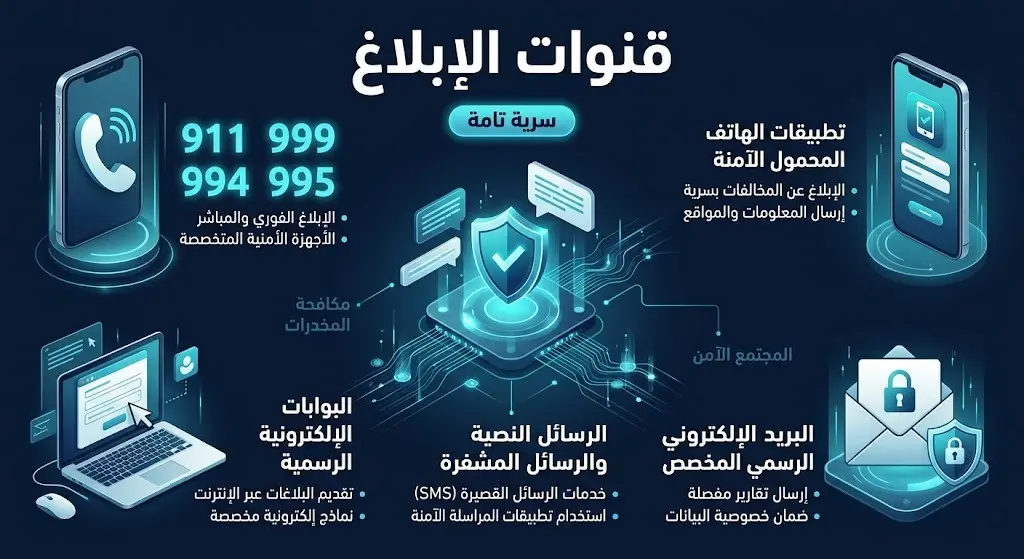 إنفوجرافيك يوضح أرقام وقنوات التواصل للإبلاغ عن المخالفات وتهريب المخدرات بسرية تامة.