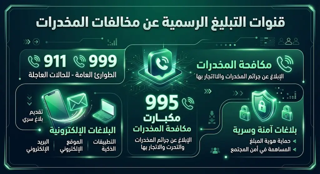 تصميم مرئي يعرض أرقام التواصل وقنوات الإبلاغ الرسمية لمكافحة المخدرات في مختلف مناطق المملكة.