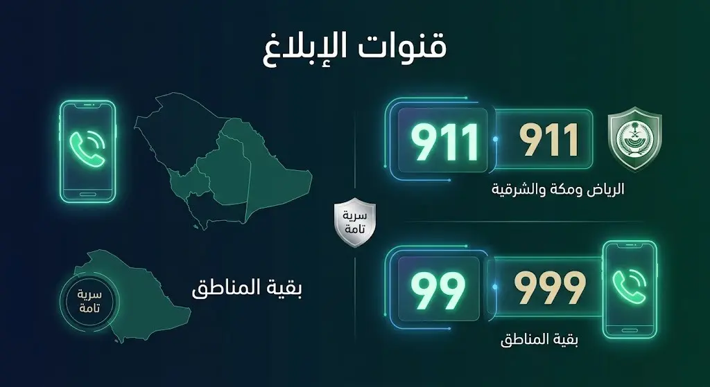تصميم معلوماتي يستعرض أرقام قنوات الإبلاغ المخصصة للمخالفات البيئية في مختلف مناطق المملكة.