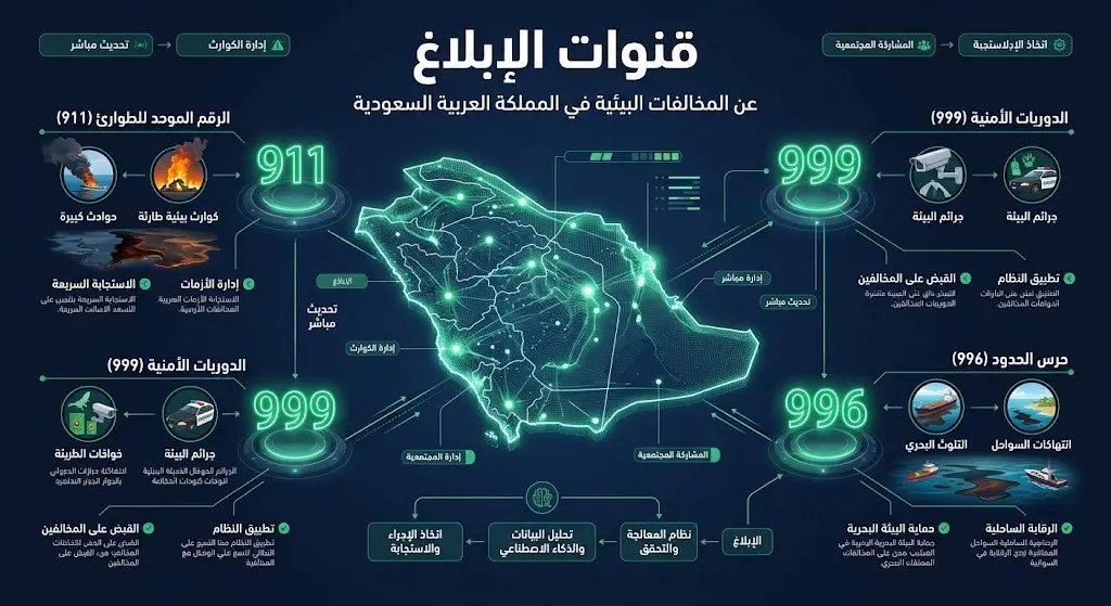 تصميم بياني يستعرض أرقام قنوات الإبلاغ عن المخالفات البيئية في مناطق المملكة المختلفة، تشمل 911 و999 و996.