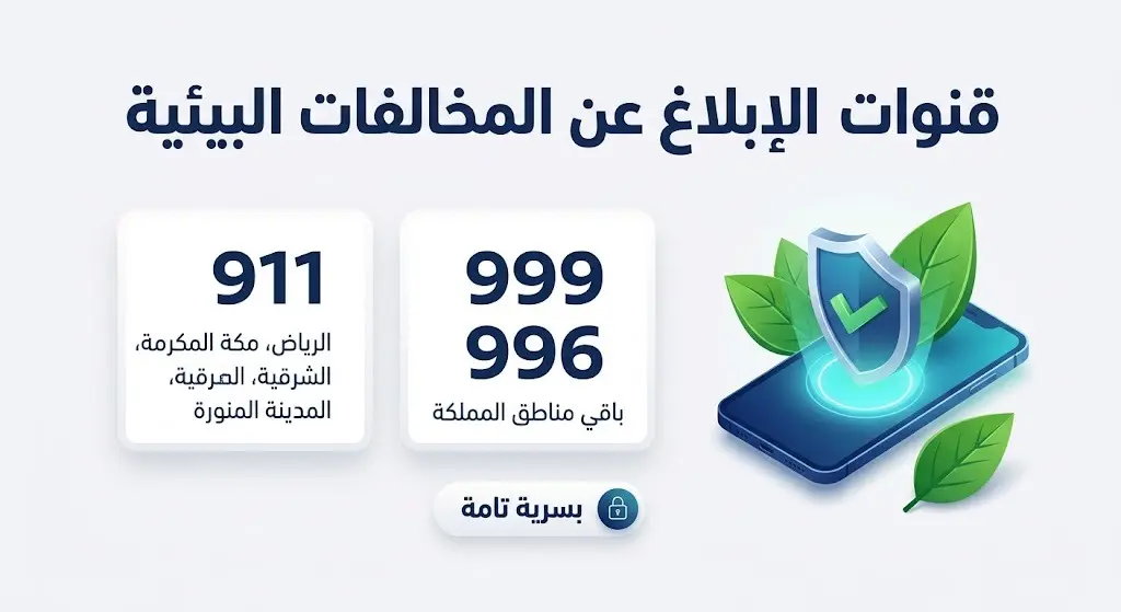 إنفوجرافيك يوضح أرقام قنوات الإبلاغ عن المخالفات البيئية في مناطق المملكة العربية السعودية المختلفة.