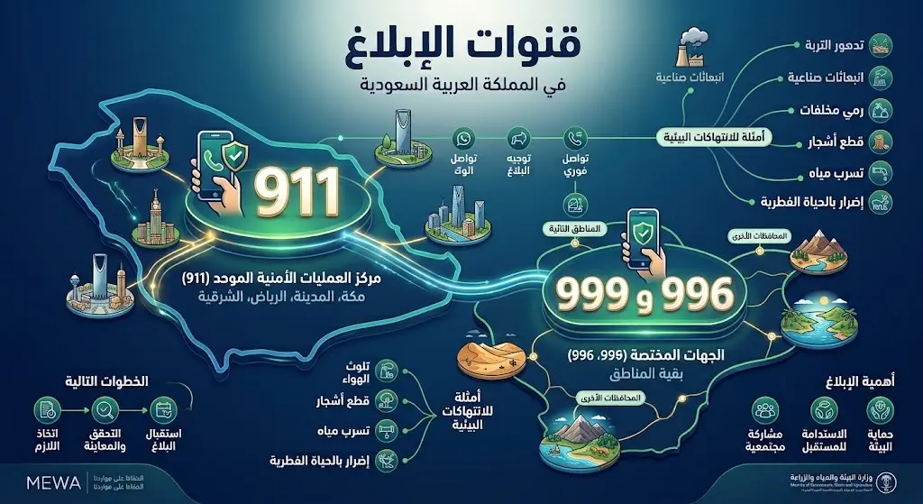 إنفوجرافيك يستعرض أرقام التواصل للإبلاغ عن المخالفات البيئية مقسمة حسب مناطق المملكة العربية السعودية.
