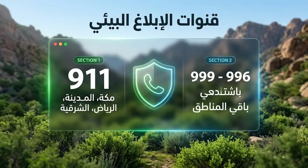 إنفوجرافيك يوضح أرقام الإبلاغ عن المخالفات البيئية في السعودية، حيث خصص الرقم 911 لمناطق مكة والمدينة والرياض والشرقية، والرقمين 999 و 996 لبقية المناطق.