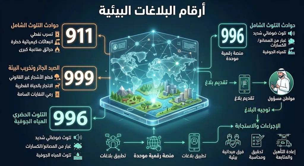 تصميم بياني يستعرض أرقام التواصل المخصصة للإبلاغ عن المخالفات البيئية في مختلف مناطق المملكة