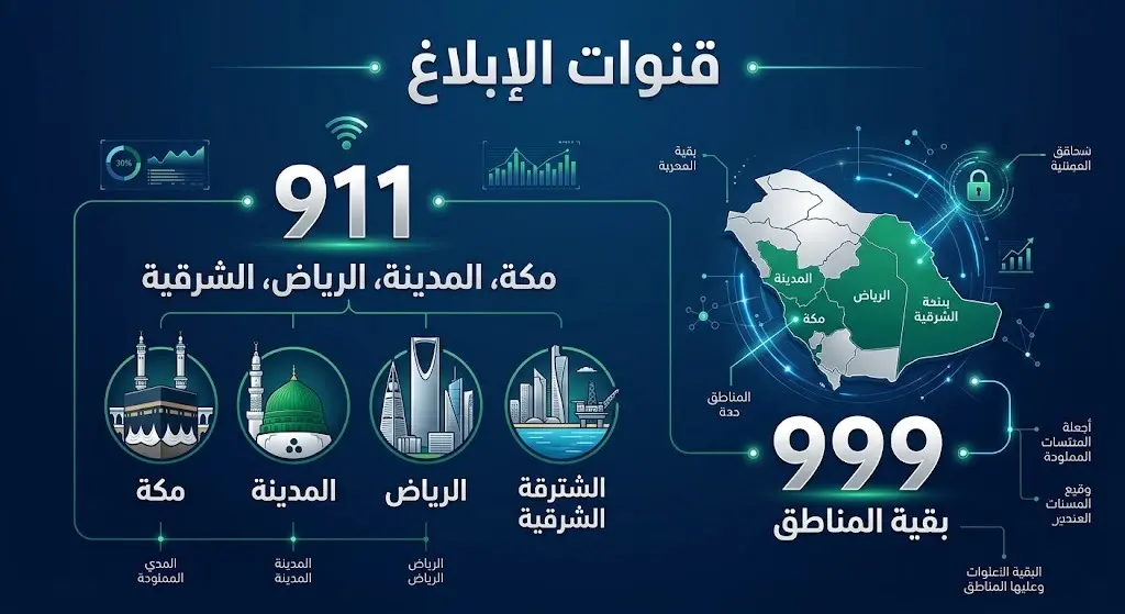 إنفوجرافيك يوضح أرقام وقنوات الإبلاغ عن مخالفي أنظمة الإقامة والعمل وأمن الحدود في السعودية، موزعة جغرافياً بين الرقمين 911 و999.